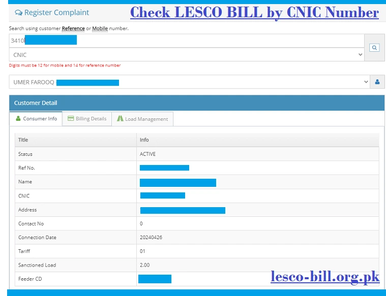 Lesco Bill Check by CNIC Numbers